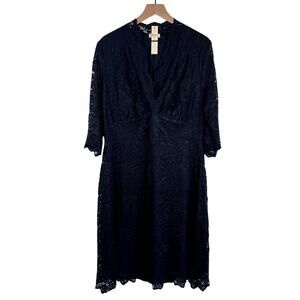 Kiyonna Womens 2X Black Lace 3/4 Sleeve V Neck Holiday Dress